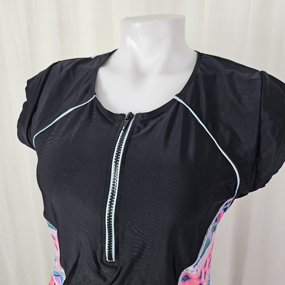 Hobie Swim Wear short sleeve swim shirt rash guard zip neck black bright XL - Picture 2 of 7